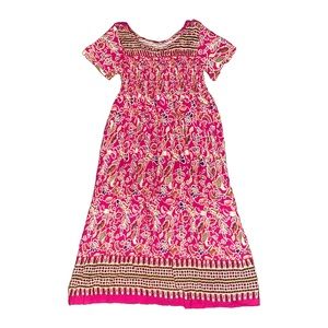 Y2k Fairy Grunge Pixie Pink Paisley Short Sleeve Maxi/Midi Shirred Ruched Dress